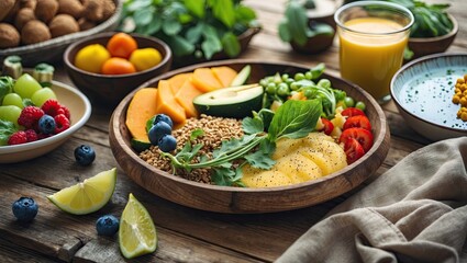 Poster - Vibrant wooden table featuring a round wooden platter filled with fresh fruits and greens alongside bowls of colorful berries and juice, soft lighting.