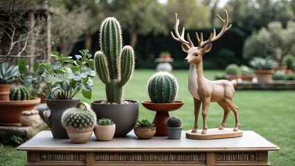 Poster - Decorative table with assorted plants including cacti and a wooden deer sculpture in an open, lush green garden space, soft natural lighting.