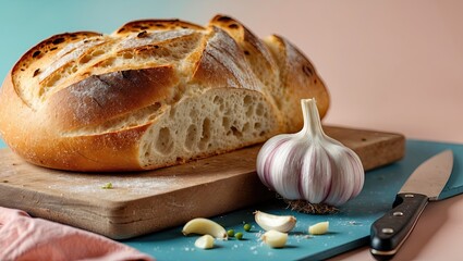Poster - Freshly baked artisanal bread with golden crust alongside whole garlic bulb on blue cutting board against soft pastel background