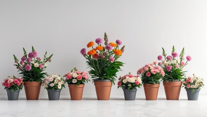 Poster - Colorful flower pots arranged in a row against a bright white background showcasing vibrant blooms in shades of pink, orange, and purple with copyspace.