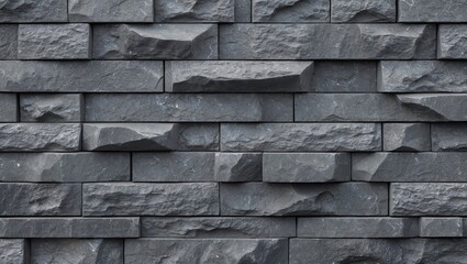 Poster - Gray stone wall texture with a rough surface showcasing varying shades of gray, arranged in a staggered pattern with three-dimensional depth elements.