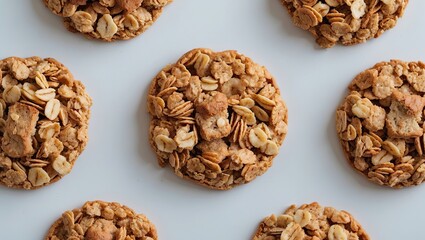 Poster - Granola cookies arranged in a circular pattern on a white background showcasing golden brown oats with copy space for text and design.