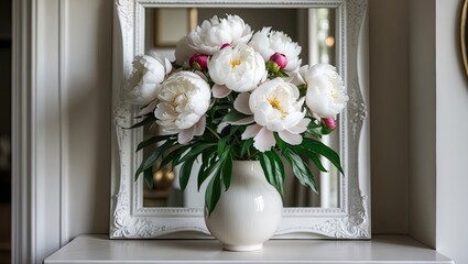 Aufkleber - Elegant home interior showcasing a white vase filled with white peonies, framed in a white ornate frame on a light-colored shelf.