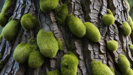 Poster - Mossy tree bark texture featuring vibrant green moss clusters on a rugged brown bark background with intricate grooves and organic shapes.