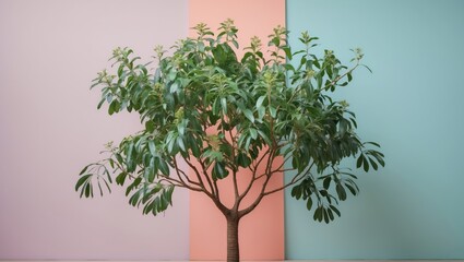 Fototapete - Lush Calathea Ornata tree in full front view with vibrant green leaves placed before soft pastel pink and teal background for design versatility.