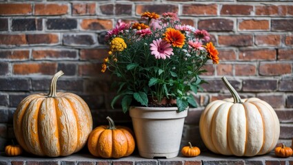 Poster - Colorful autumn flowers in a white flowerpot beside textured orange and cream pumpkins against a rustic red brick wall background.