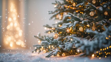 Poster - Closeup of a snow-covered Christmas tree adorned with warm glowing lights and delicate ornaments on a soft blurred background with soft glow