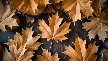 Poster - Autumn maple leaves in shades of warm brown scattered against a dark wooden background creating a rich, textured composition from above.