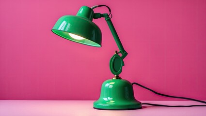 Poster - Green vintage desk lamp positioned at an angle on a bright pink backdrop illuminating the work surface with warm light and showcasing sleek design.