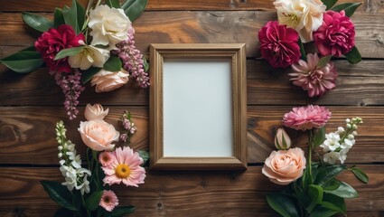 Aufkleber - Wooden table with an empty photo frame at center, surrounded by colorful flowers including pink and white roses, viewed from above.