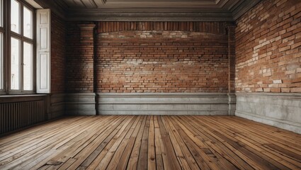 Fototapete - Spacious empty room featuring warm wooden flooring and a rustic vintage brick wall background complemented by gray molding and natural light from windows.