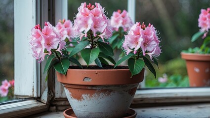 Leinwandbilder - Blooming pink azalea plant in a terracotta pot on a sunlit windowsill with green foliage and soft natural light in a cozy indoor setting.