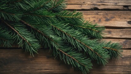 Poster - Green pine branches arranged elegantly on a rustic wooden table with rich brown tones showcasing the texture of wood and vibrant greenery.