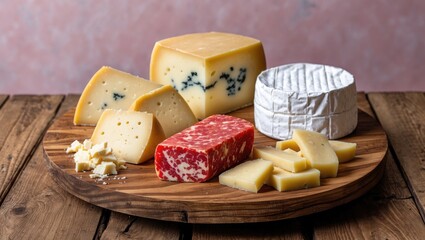 Poster - Variety of cheeses including Edam, Parmesan, and Brie arranged on round wooden platter on rustic table with soft pastel background hues.
