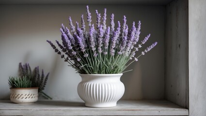 Aufkleber - Lavender flowers in a white ribbed pot on a wooden shelf with a smaller pot in the background creating a serene and elegant home decor scene.