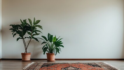 Poster - Spacious empty room featuring two green houseplants in terracotta pots beside an elegant colorful carpet on a light colored wall backdrop.