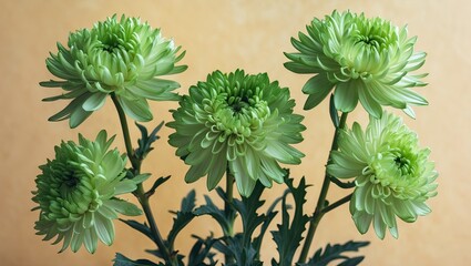Aufkleber - Charming arrangement of fresh green chrysanthemum flowers with layered petals positioned centrally against a soft pastel orange background.