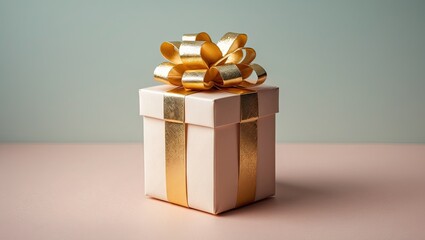 Poster - Elegant white gift box adorned with a shimmering gold bow, set against a soft pastel green background and a subtle peach table surface.