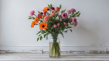 Poster - Bright bouquet of mixed flowers in clear glass vase on wooden surface with white wall background showcasing vibrant pink, orange, and red hues.