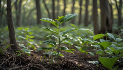 Fototapete - Lush green plant growing in the woods with soft sunlight filtering through tall trees highlighting organic textures and earthy tones on the forest floor.