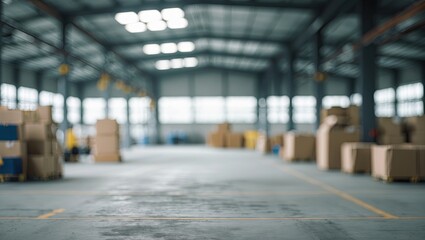 Poster - warehouse interior with blurred foreground and stacks of cardboard boxes in soft focus, showcasing i
