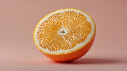 Poster - Juicy orange half showcasing vibrant orange segments on a soft pastel pink background, with subtle shadows enhancing the texture and freshness.