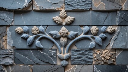 Poster - Decorative slate stone wall featuring intricate floral carvings in soft beige and gray tones, with overlapping blue and gray slate textures.