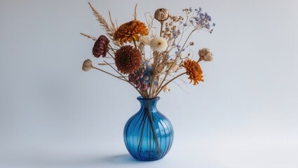 Poster - Dried flowers in a textured blue glass vase with warm tone blooms on a white background showcasing a top view and ample space for text.