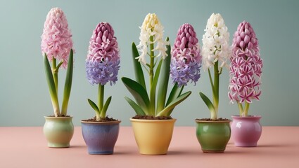 Aufkleber - Colorful hyacinth bulbs in pastel pots arranged in a row against a soft mint green background showcasing pink, purple, and white blooms.