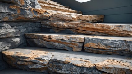 Poster - Modern rock staircase featuring layered natural stone in shades of grey and orange, grunge texture emphasizing vintage design elements.