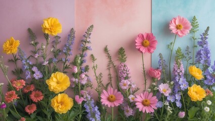 Fototapete - Vibrant summer flowers in shades of yellow, pink, and purple against a pastel pink and blue background, creating a cheerful garden scene.