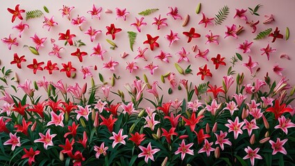 Poster - Vibrant arrangement of pink and red lilies scattered against a soft pastel backdrop with lush green foliage at the bottom creating a dynamic floral display.