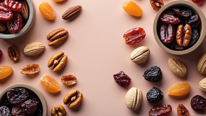 Poster - High angle view of assorted candied nuts and dried fruits in beige bowls on soft pastel pink background with scattered nuts and fruits around.