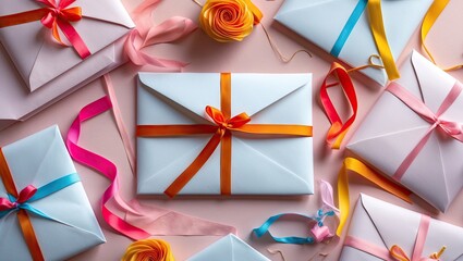 Poster - Colorful envelopes with vibrant ribbons arranged on a pastel background, emphasizing creativity and elegance in messaging and web design.