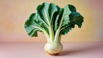 Aufkleber - Fresh kohlrabi with vibrant green leaves centered on a soft pastel yellow and pink gradient background highlighting summer freshness.