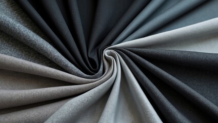 Poster - Fabric samples in a spiral arrangement showcasing shades from deep black to light grey, with soft textures and subtle patterns, ideal for design projects.