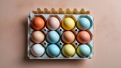 Poster - Colorful pastel eggs neatly arranged in a paper tray on a soft peach background with natural lighting highlighting the vibrant hues of orange yellow and blue.