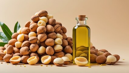 Aufkleber - Heap of macadamia nuts in various shades of beige and brown with macadamia oil in a glass bottle on a soft pastel background.