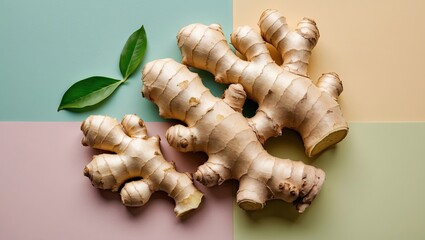 Poster - Fresh ginger roots on soft pastel backdrop featuring pale green, peach, and soft pink tones with greenery for a vibrant culinary presentation.