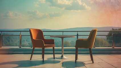 Aufkleber - Vintage outdoor scene featuring two empty chairs in warm tones, round table at center, expansive view of hills in the background, soft sunset light.