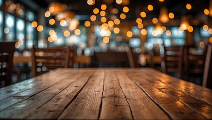 Aufkleber - Wooden tabletop positioned centrally with warm bokeh lights in background, creating an inviting atmosphere in a blurred restaurant setting.