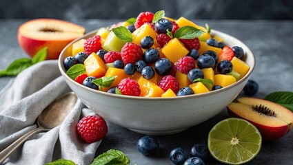 Poster - Vibrant bowl of fresh fruit salad featuring yellow mango, blue blueberries, red raspberries, and green mint on a textured gray background.
