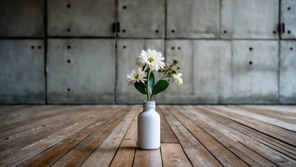 Poster - Empty white bottle flower vase with daisies on a wooden floor centered against a modern loft cement wall with subtle texture in the background.
