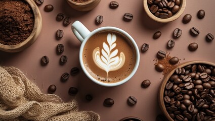 Poster - Coffee cup with latte art featuring leaf design positioned center on brown table surrounded by coffee beans and decorative bowls of ground coffee.