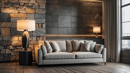 Poster - Contemporary living room with stone accent wall beige sofa and modern lamp warm lighting at night creating a cozy atmosphere