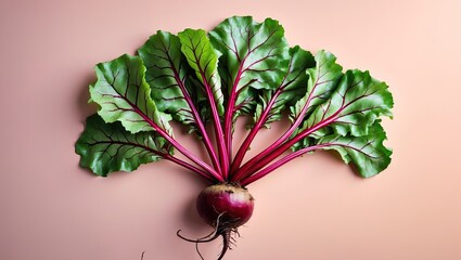 Aufkleber - Vibrant beetroot with lush green leaves on a soft pastel pink background showcasing rich textures and colors in an overhead view.