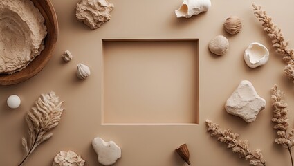 Aufkleber - Beige Memphis-style flat lay with natural elements and textures surrounding a central blank space for text or design, perfect for backgrounds.