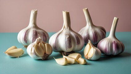 Poster - Fresh garlic bulbs and cloves arranged dynamically on a turquoise surface with a pastel pink background creating a contrasting food composition.