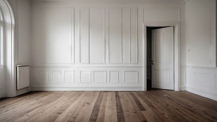 Fototapete - Minimalist empty interior showcasing a white paneled wall, white door to the right, and warm wooden flooring adding a cozy touch.