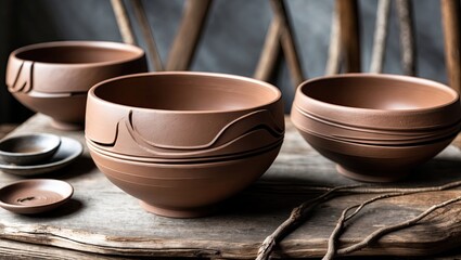 Poster - Handcrafted brown clay bowls in wabi sabi style with abstract designs placed on a rustic wooden surface surrounded by natural elements and textures.